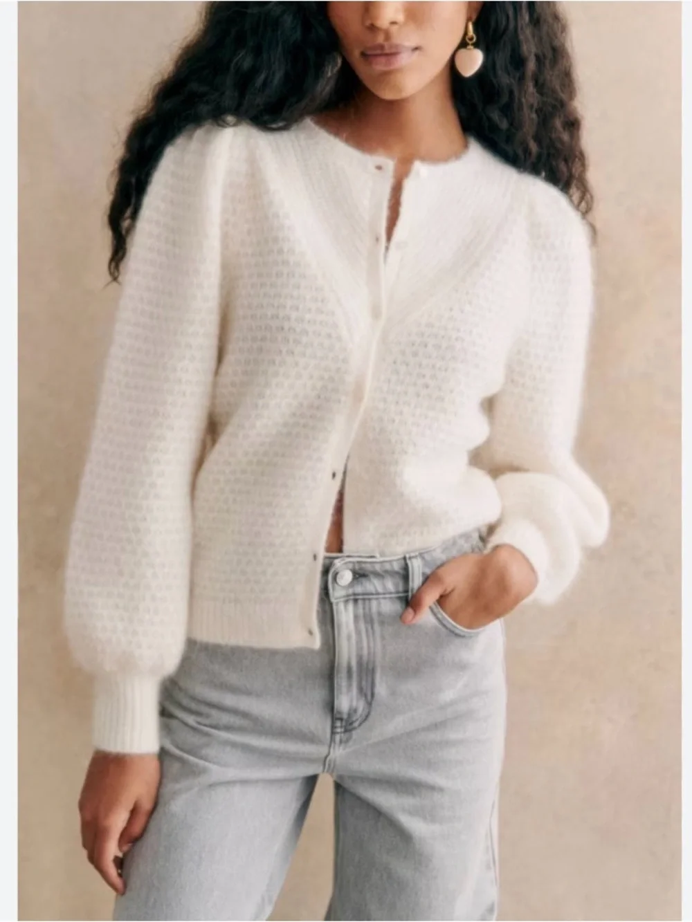 Sezane Solena Cardigan Sweater Kid Mohair Wool Ecru Large Fancy Knit Puff Sleeve - Picture 5 of 16